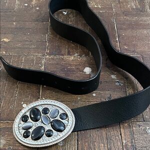 SERENO ITALY BLACK LEATHER LARGE BELT WITH BLACK MOONSTONES BUCKLE